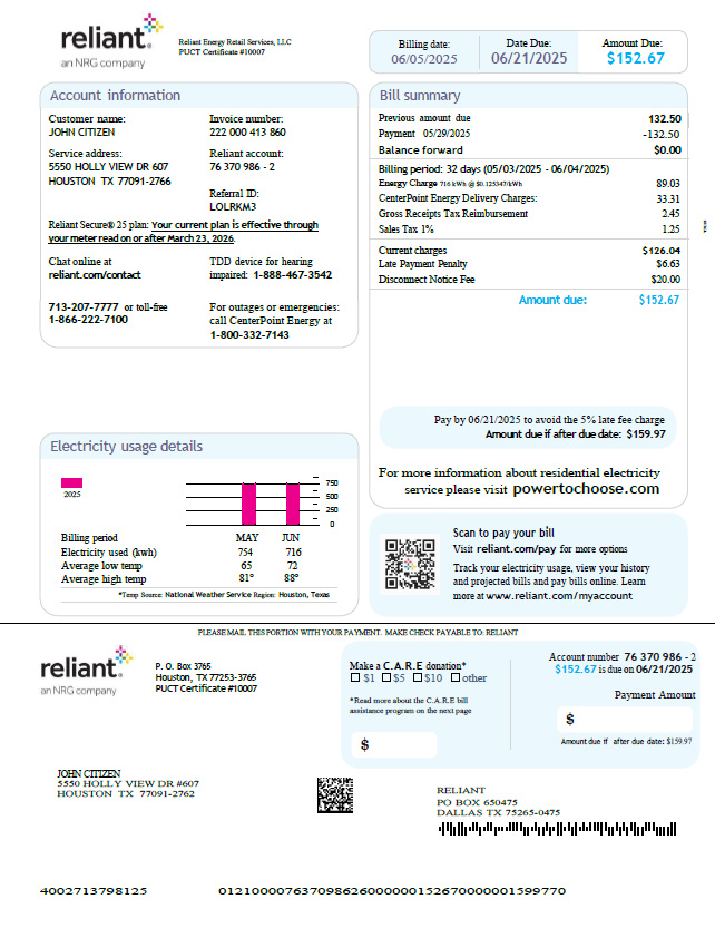 USA Reliant Energy utility bill template in Word and PDF formats, version 3